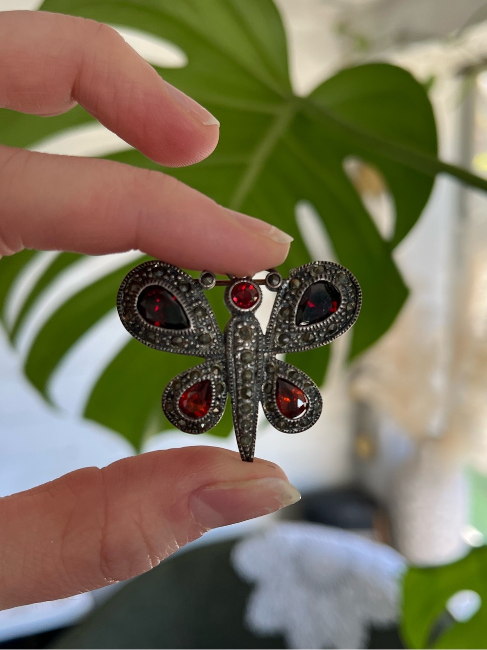 Vintage Sterling Silver Garnet Marcasite Butterfly Pin